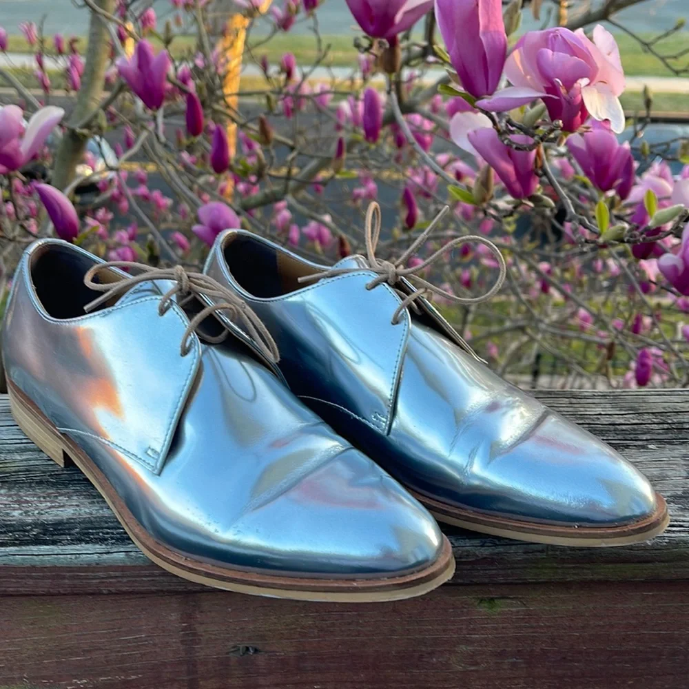 EVERLANE Italy Leather E2 Shine Modern Oxford Silver Lace up Women's Shoes Size - Picture 1 of 16